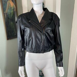 Vintage 90s Womens Cropped Fidelity Leather Black Moto Motorcycle Jacket Coat S